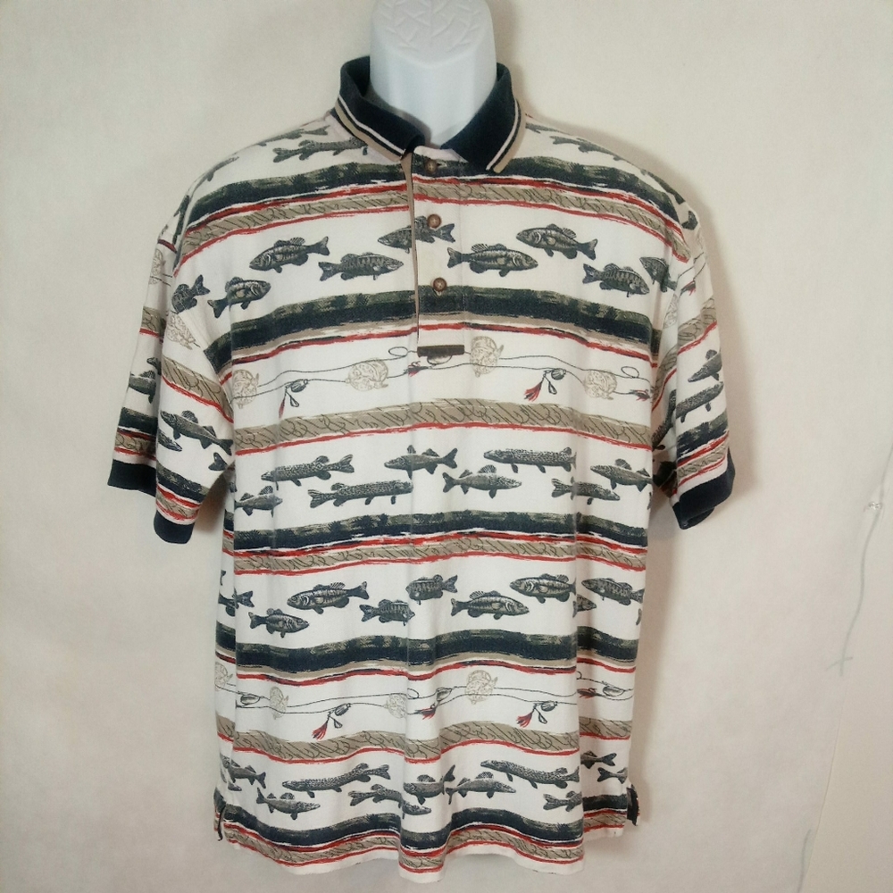 North River Outfitters Men's Button Down SS Polo Fishing Motif Size Large??